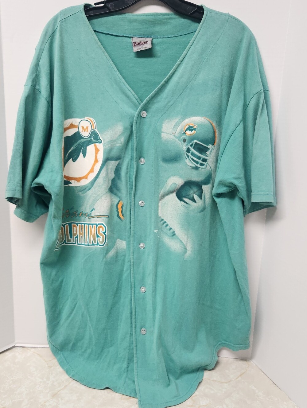 Vintage Miami Dolphins Teal Button-Up Shirt Badgers Sportswear Made in USA Sz XL